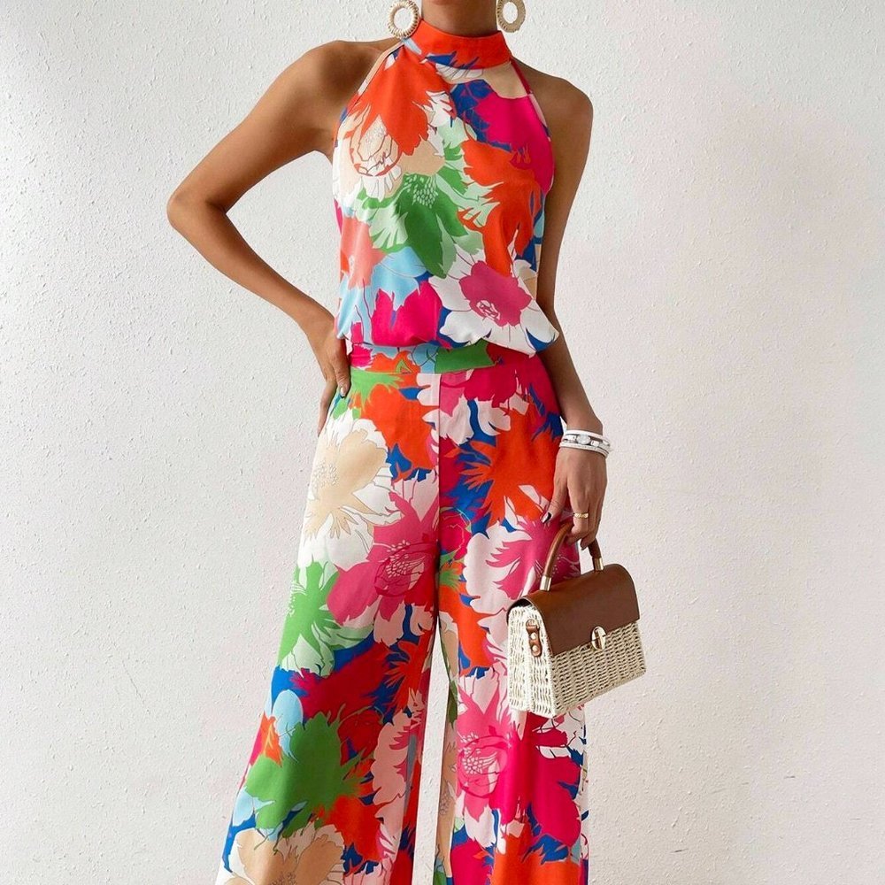 Pink Boho Womens Floral Print Halter Top & Wide Leg Pants - Picture 5 of 5